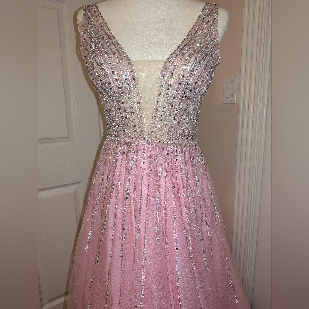 Mori Lee Bubble Gum Pink with  Silver Sequin Embellished Prom/Pageant Gown